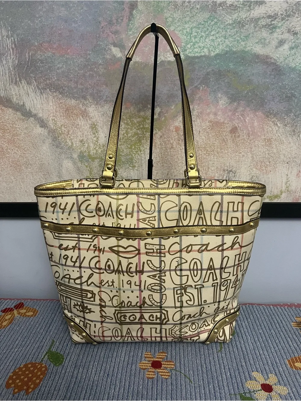 Coach 2009 Heritage Tattersall Graffiti Golden Tote Bag & Matching Wristlet